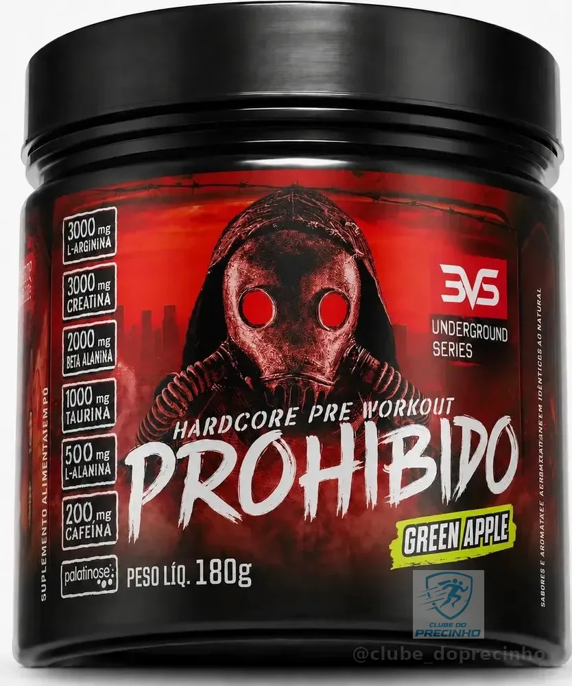 PRÉ TREINO PROHIBIDO 180g Sabor Green Apple - Fórmula Avançada contendo Creatina, Beta Alanina, Taurina, L-tirosina, L-alanina, Cafeína, Arginina e Palatinose - Extra Forte