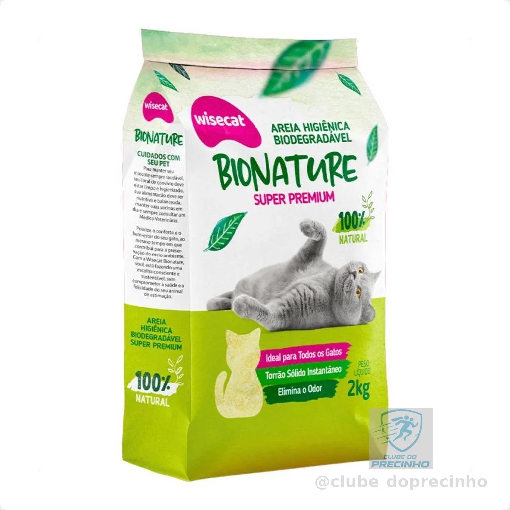 Areia Gato Wisecat Bionature Grossa 2kg - Ultra Absorção, Sem Poeira e Torrão Firme