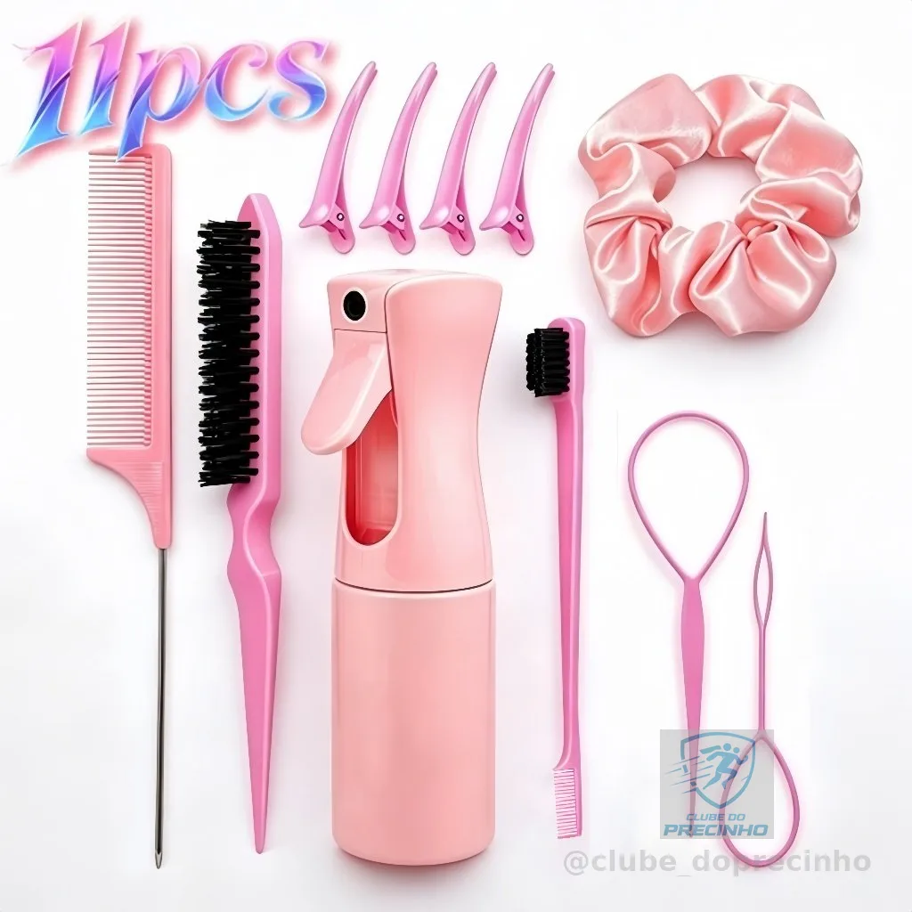 Kit 11 Peças Ferramentas para Cabelo: Pente Rabo de Rato, Borrifador, Ferramenta para Trança, Clipes Bico de Pato e Scru