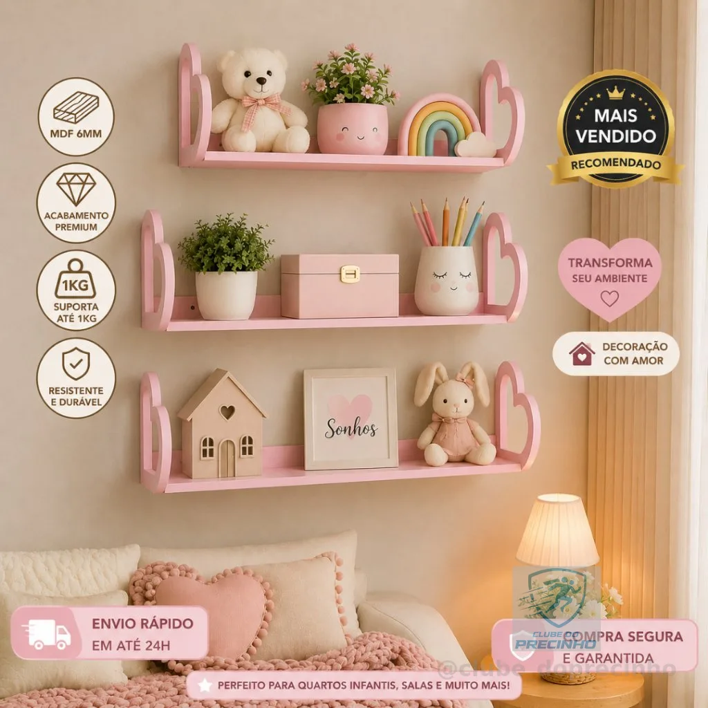 Kit 3 Prateleiras Alças Corações Decoração Quarto Infantil