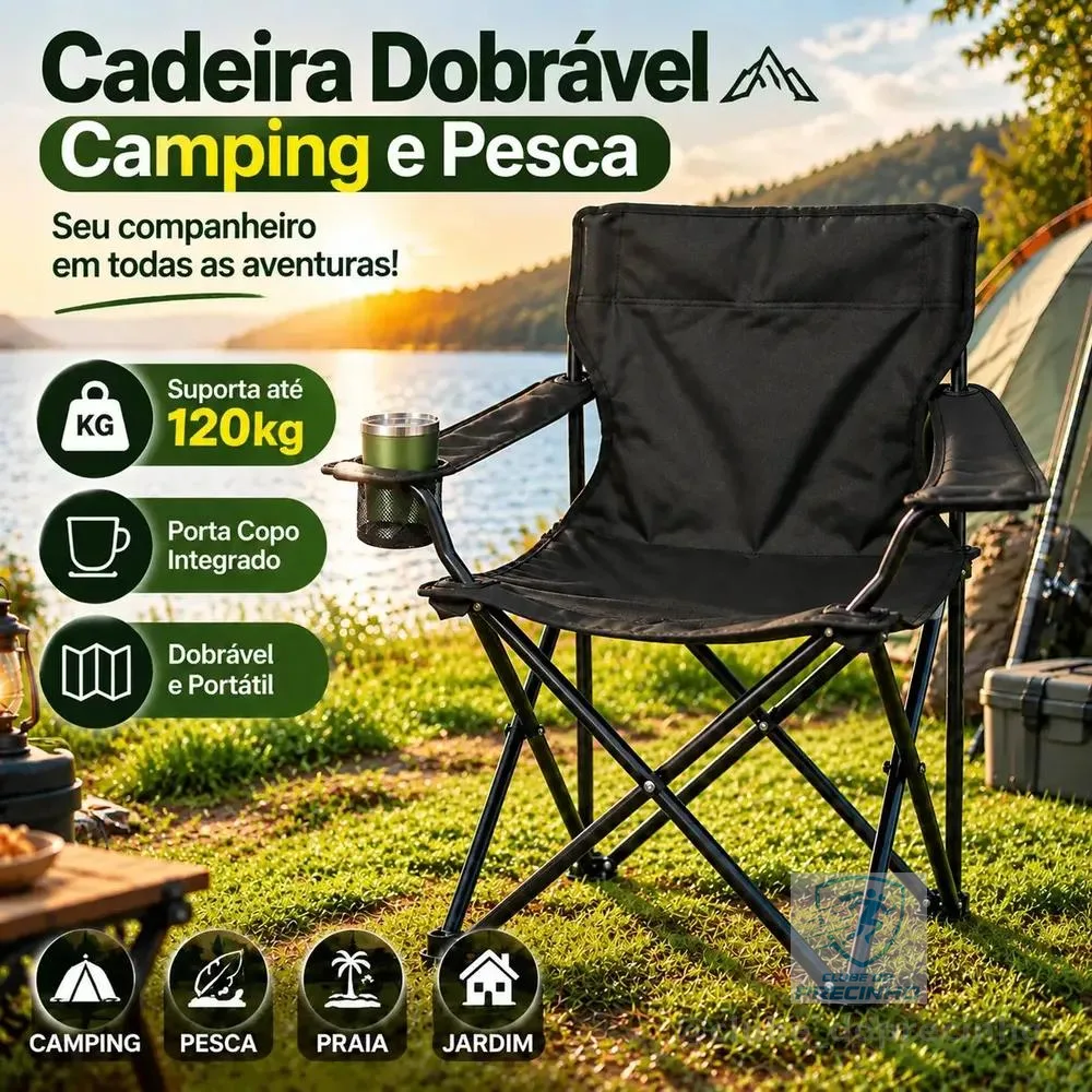Cadeira Dobrável Camping Pesca com Porta Copo Bolsa Portátil Resistente até 120kg para Praia Jardim e Lazer