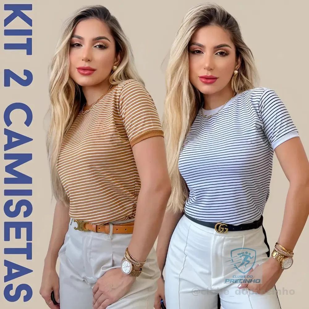 Kit 2 Camisetas Femininas Listrada Manga Curta P Ao Gg Verão Branco + Mostarda M Listras