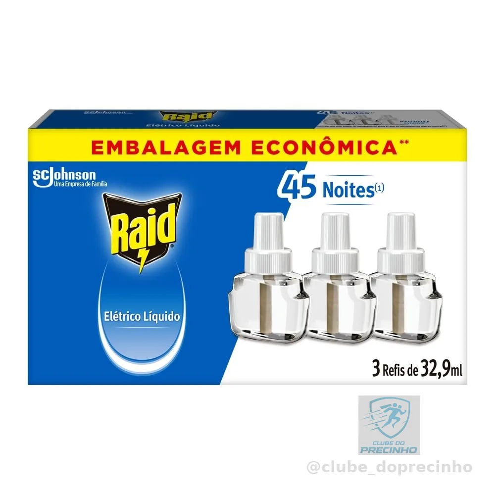 Raid Repelente Eletrico Líquido, 45 Noites de Proteção, 3 Refis de 32,9ml