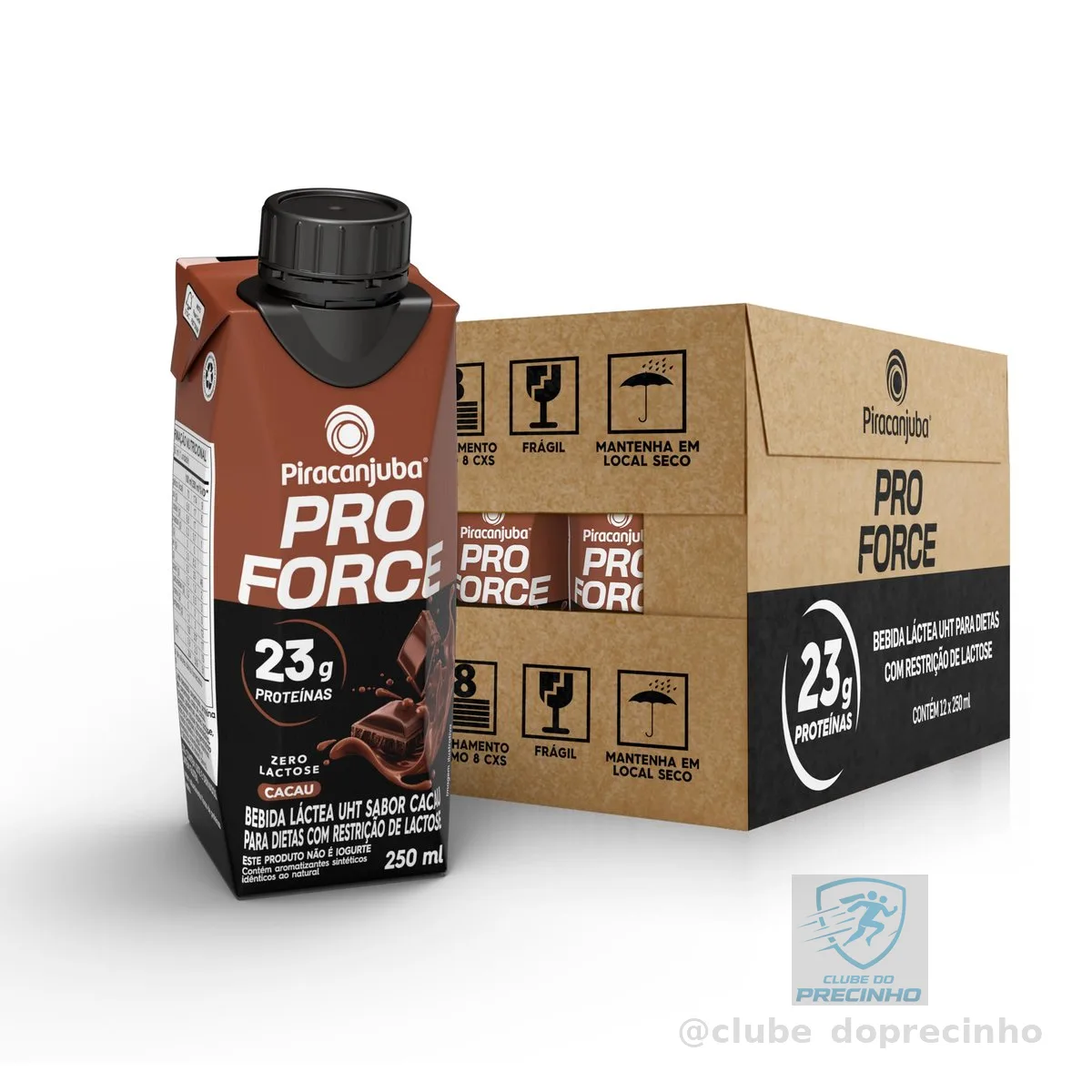 Piracanjuba ProForce Bebida Proteica Líquida Sabor Cacau Zero Lactose 23g Proteínas, Caixa 250ml – Pack com 12 Unidades