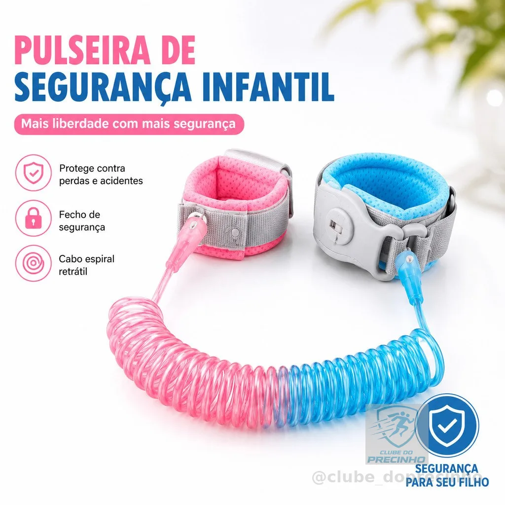 Pulseira de Segurança Infantil Retrátil Anti Perdido Ajustável com Trava para Crianças e Bebês 1,5m