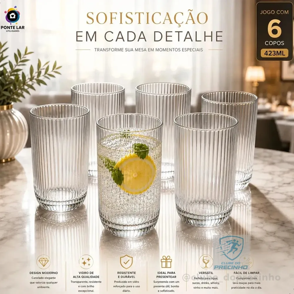 Jogo 6 Copos Vidro Canelado 423ml Moderno Elegante Premium Vinho Água Suco Drinks Gin Whisky Jogo Copos Taça Copo Conjunto Design Luxo Texturizado Cozinha Restaurante Decoração - Ponte Lar Utilidades