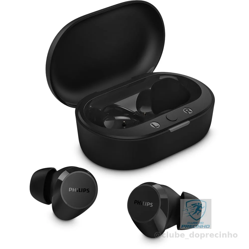 Fone de ouvido sem fio TWS Philips TAT1209BK/00 na cor preto, com bluetooth, microfone, tecnologia IPX4 e 18 horas de reprodução.