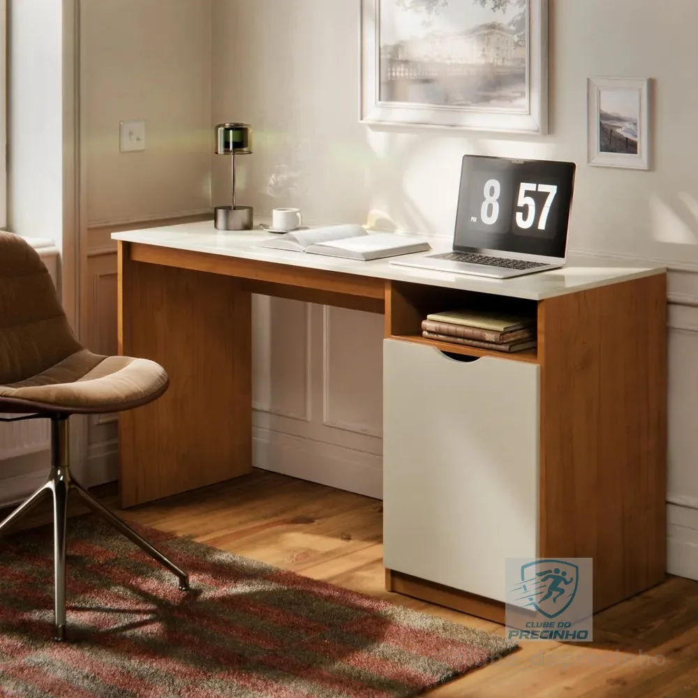 Escrivaninha Para Computador 115cm Com Porta E Nicho Mesa Home Office Escritório Quarto Estudo Notebook Moderna Canela Off White