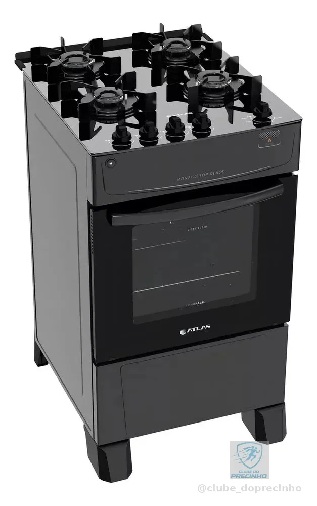 Fogão 4 Bocas Atlas Mônaco Top Glass com Mesa de Vidro e Acendimento Automático Preto Bivolt