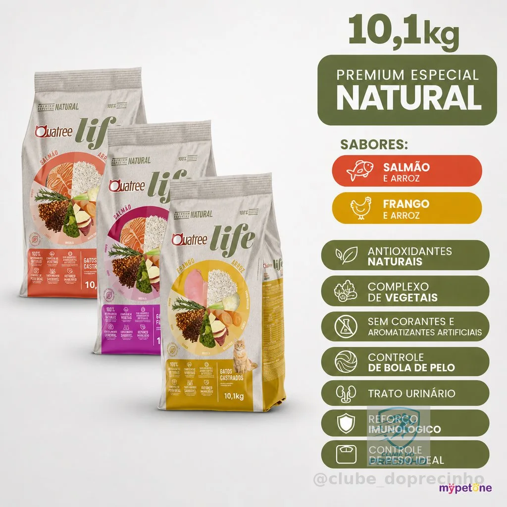 Ração Quatree Life Gatos Filhotes, Adultos e Castrados 3kg e 10,1kg - Frango / Salmão