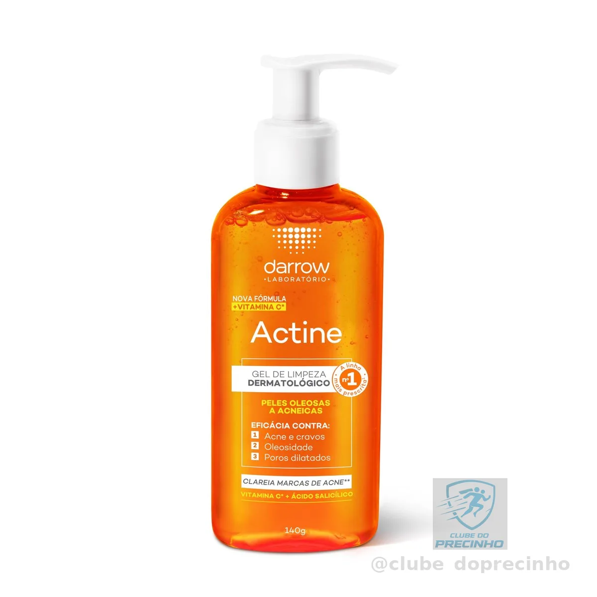 Darrow Actine Gel de Limpeza Dermatológico Facial com Ácido Salicílico, Vitamina C e Lactato de Mentila, Redução de 86% da Acne e -90% Oleosidade Imediatamente, 140g