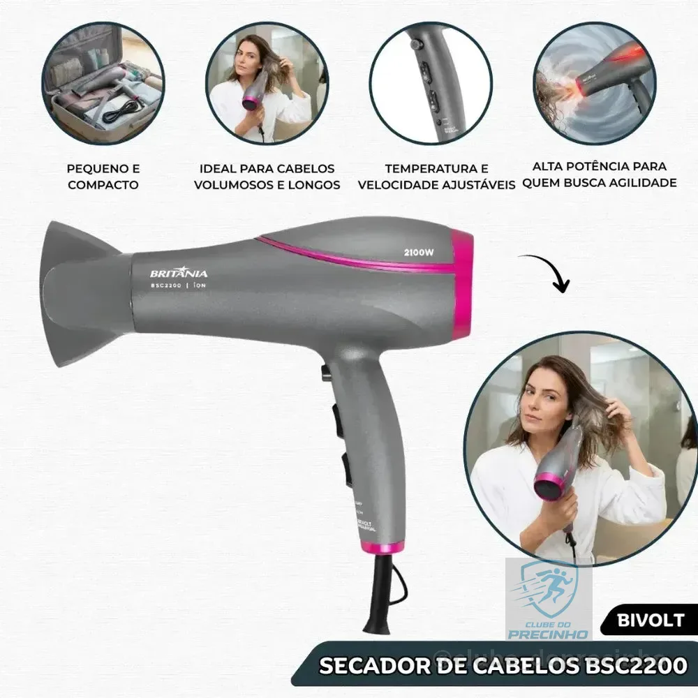 Secador De Cabelos Britânia BSC2200 Bivolt 2100w Com Tecnologia Tourmaline Íons - 2 velocidades + 3 temperaturas + jato de ar frio