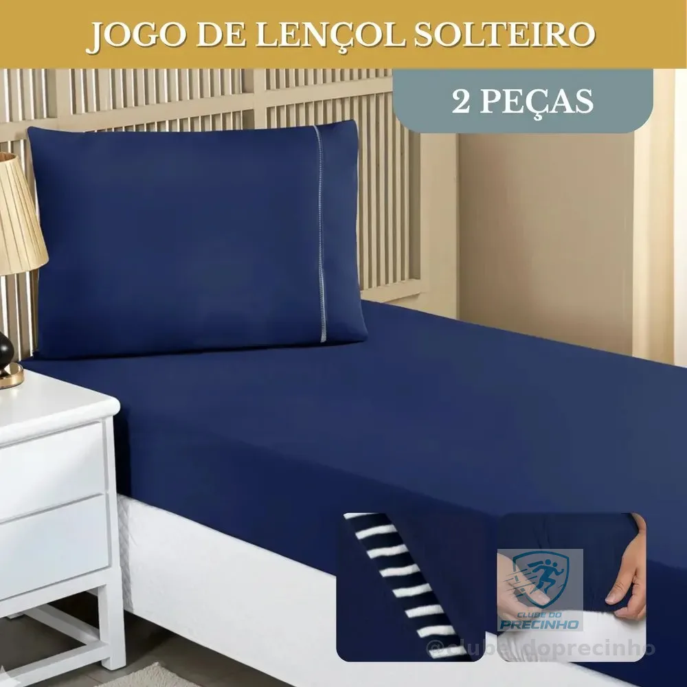 Jogo De Lençol Cama Solteiro 02 Peças 400 Fios Ponto Palito C/ Elástico Hotel Cor Azul-marinho Liso