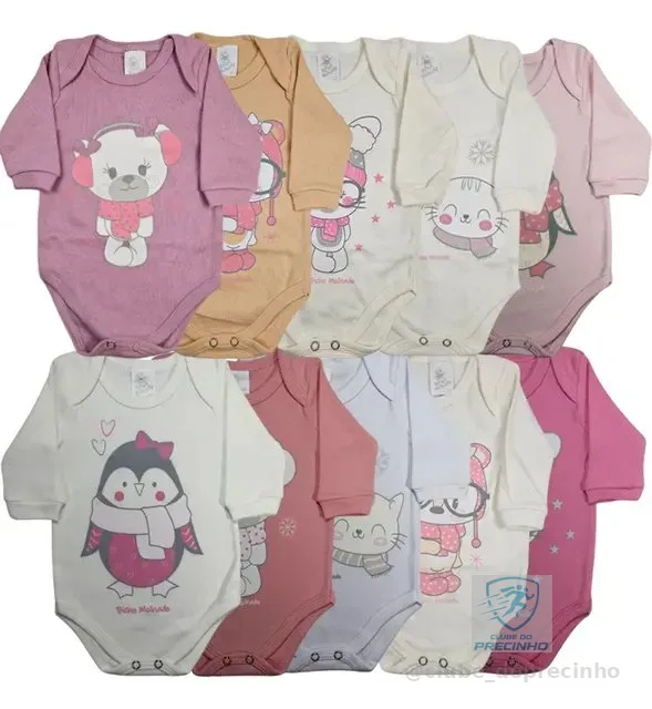 Kit Com 10 Bodys Bebê Manga Longa Estampado Bicho Molhado