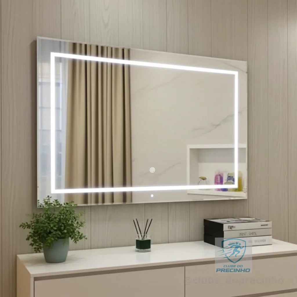 Espelho LED Jateado 120x70 cm Retangular Botão Touch para Banheiro Quarto Sala Lavabo Penteadeira