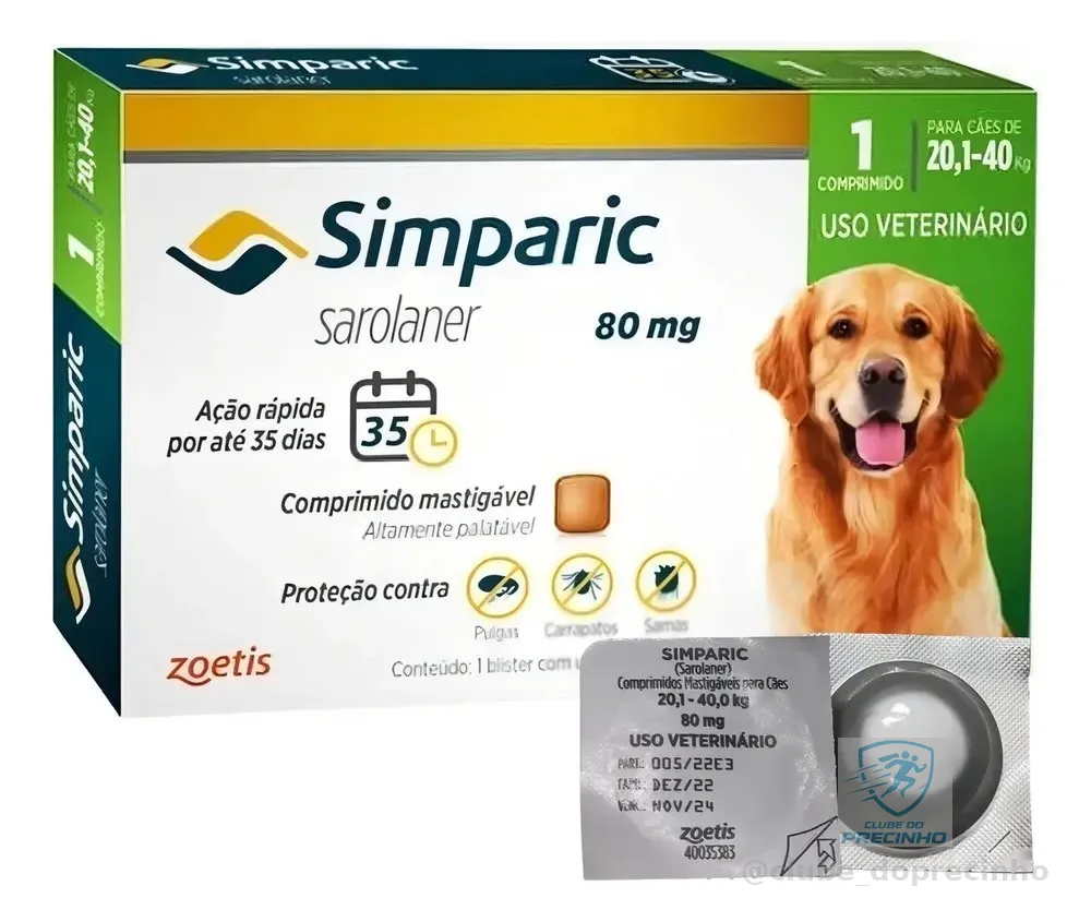 Zoetis Simparic 80mg Antipulgas Carrapatos Cães 20-40kg 1 Comprimido