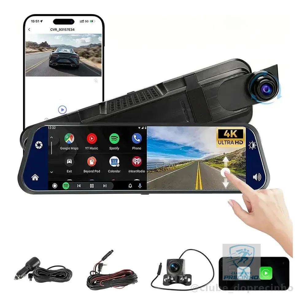 Câmera Veicular Automotiva Carro Com Wifi 4k+1080p Tela 10in