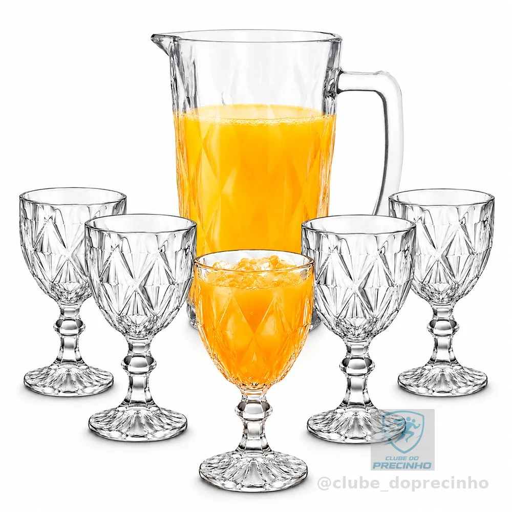 Jogo De Jarra 1100ml Diamond + 4 ou 6 Taças 340ml Diamond Suco Agua Transparente Luxo