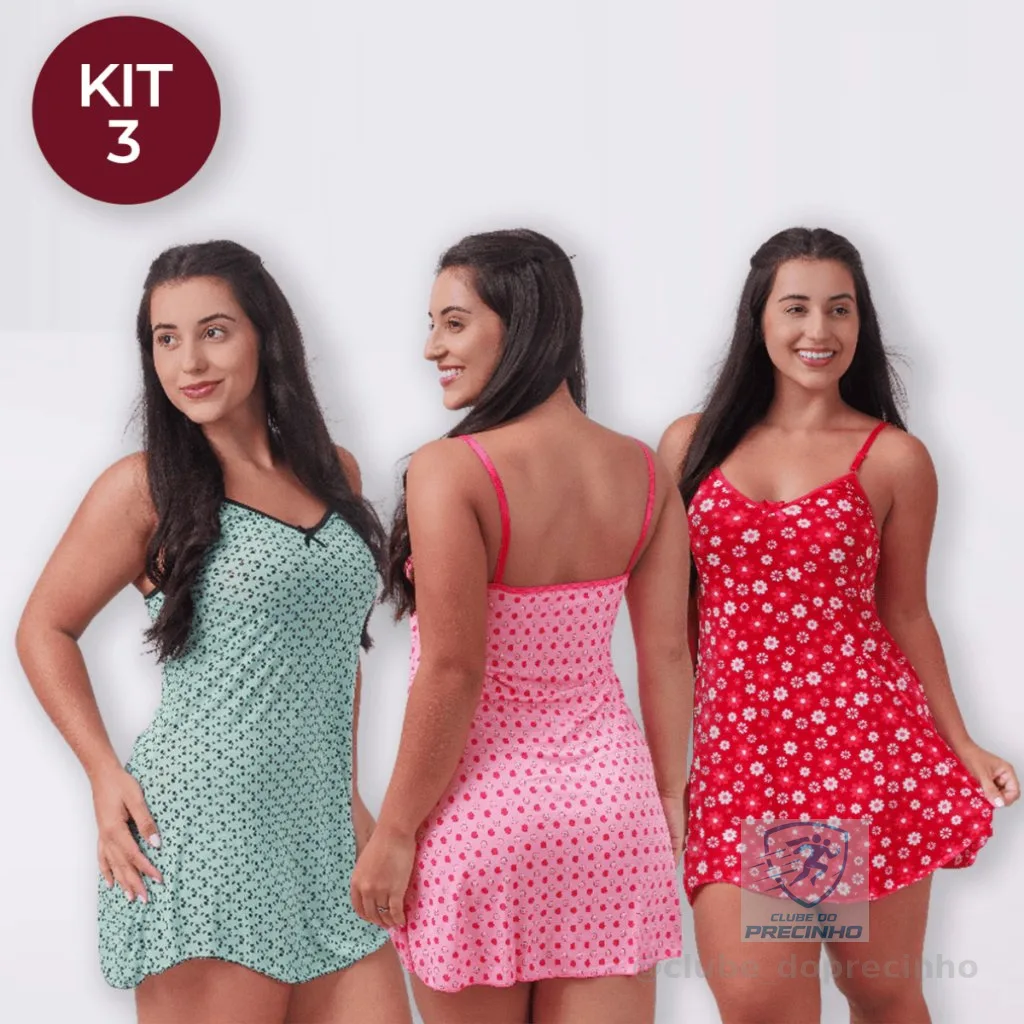 Kit 3 Camisolas Feminina de Poliéster Estampada Adulto Pijama Feminino Camisola Vestido de Dormir
