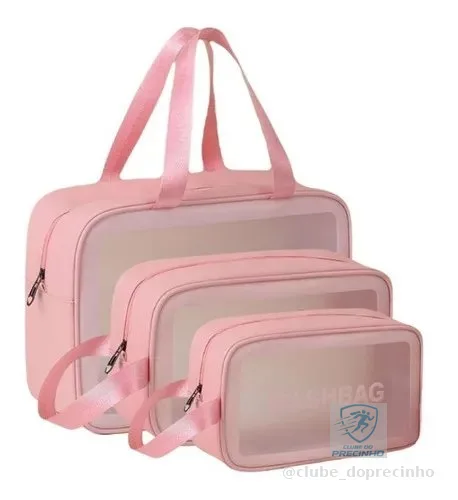 Kit3 Necessáires Feminina Maquiagem Cosméticos Viagem Praia Camping Impermeavel Loja Infor Cor Rosa