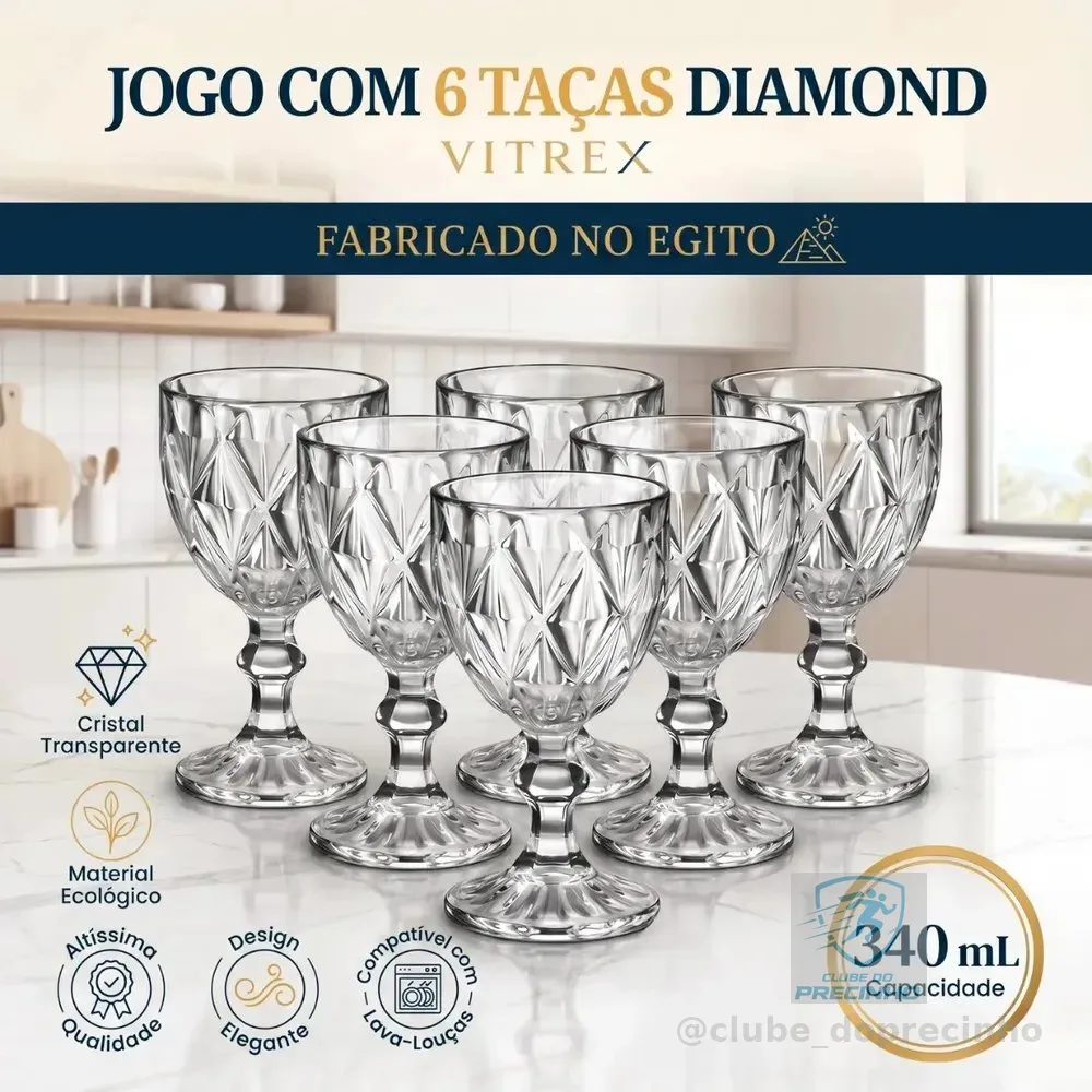 Jogo 6 Taças de Cristal 340ml Diamond Transparente Lapidado Vitrex