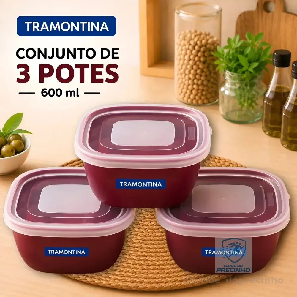 Conjunto Kit 3 Potes Herméticos Tramontina Mix Color 600 Ml Bordô