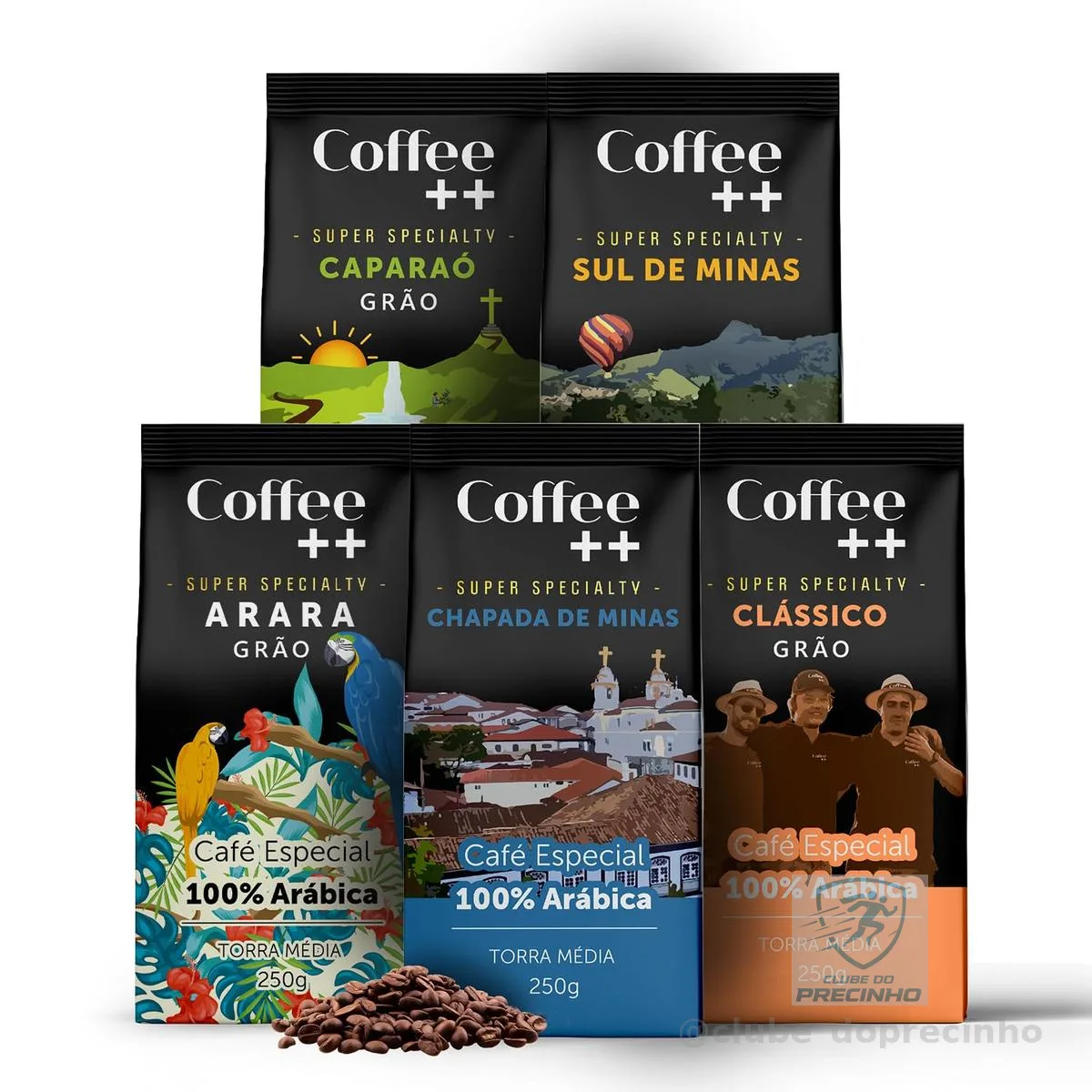 Kit 5 Pacotes Café Especial em Grãos Coffee Mais Variedades: Arara, Sul de Minas, Caparaó, Chapada de Minas e Clássico - 100% Arábica (5x250g)