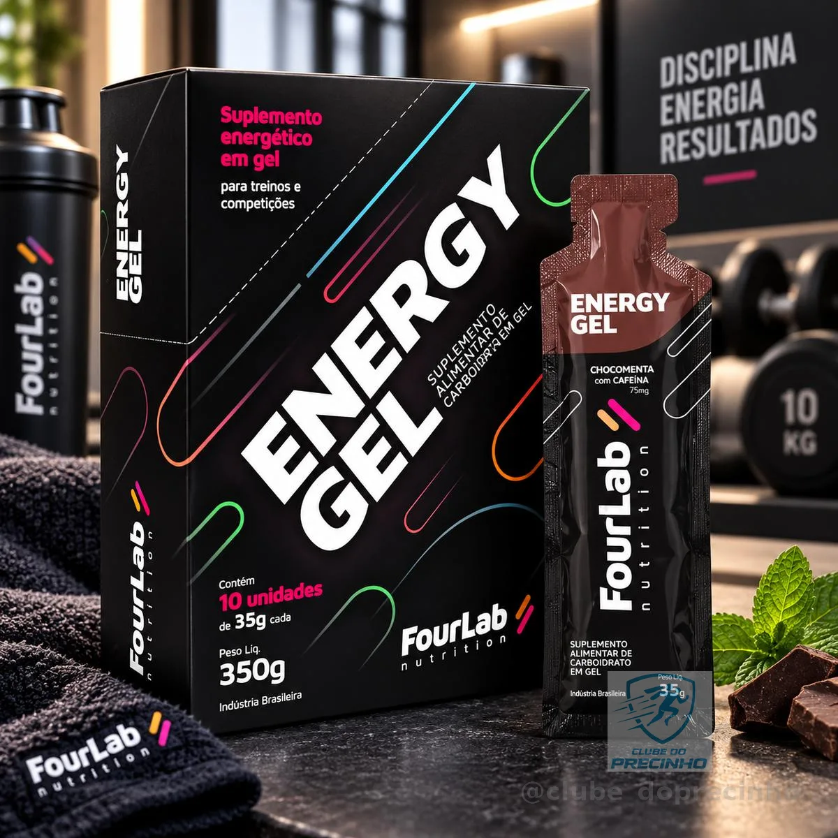 Pack 10 Géis de Carboidratos FOURLAB Energy Com Cafeína sabor Chocomenta, Para Ciclismo e Maratona