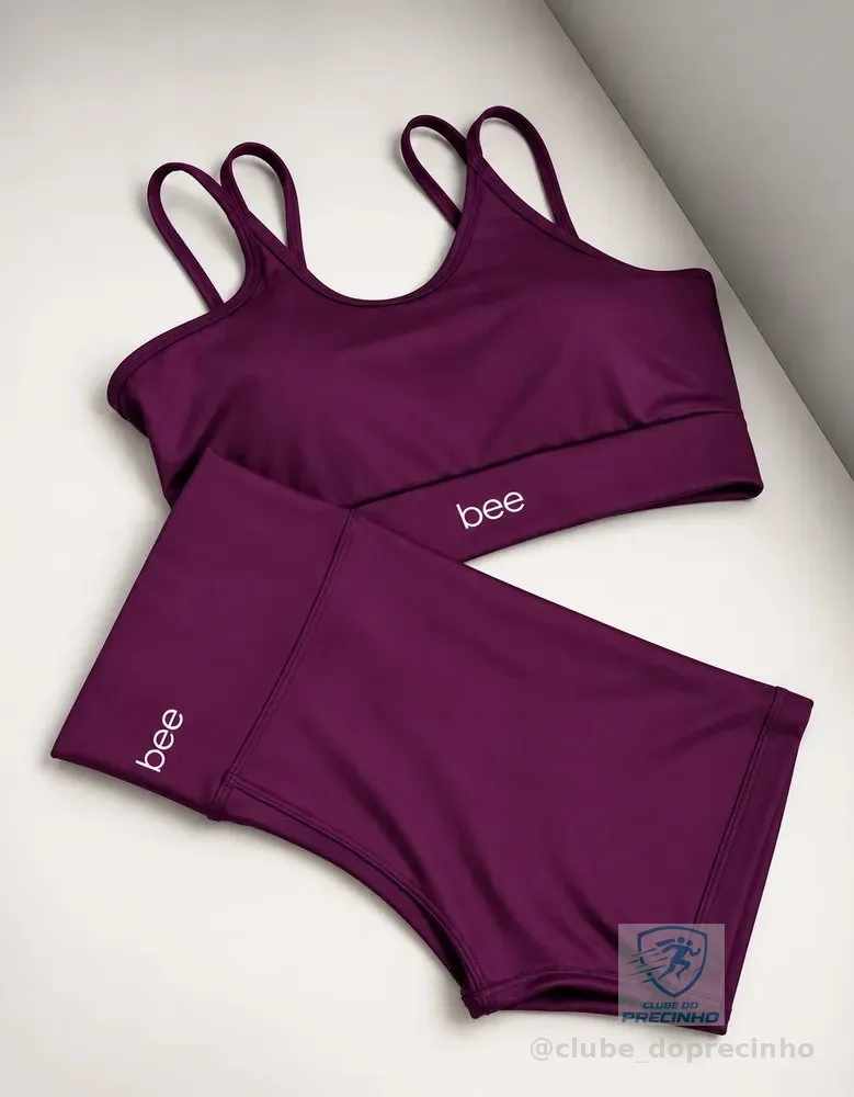 Conjunto Fitness Bee Top Cropped E Short Premium Feminino Roxo Liso M