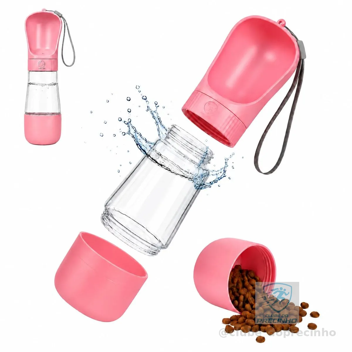 Copo Portátil para Pets 2 em 1 Bebedouro e Comedouro Antivazamento, Rosa