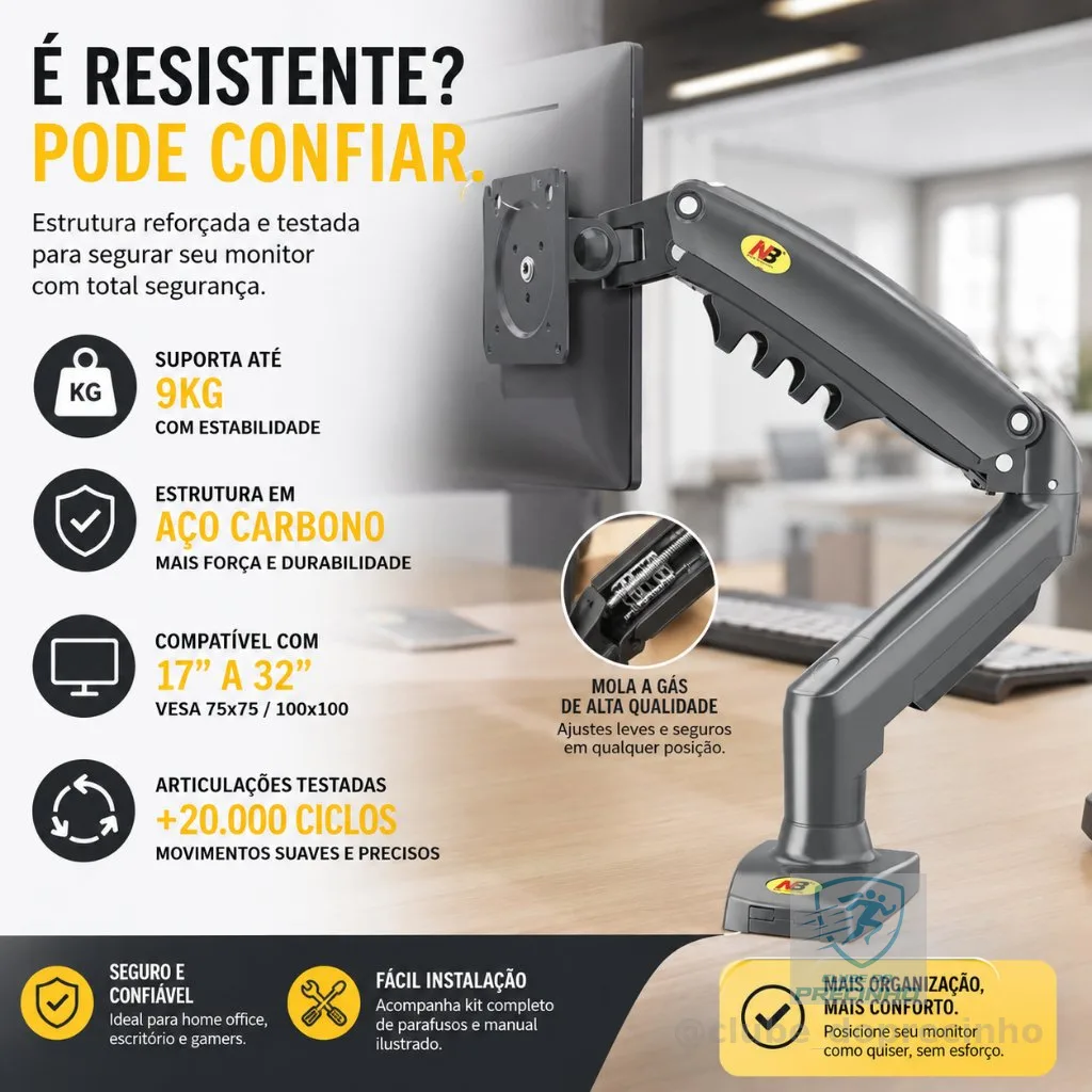 Suporte Articulado de Mesa F80NB com Pistão a Gás para Monitores de 17'' a 35'' Preto ELG