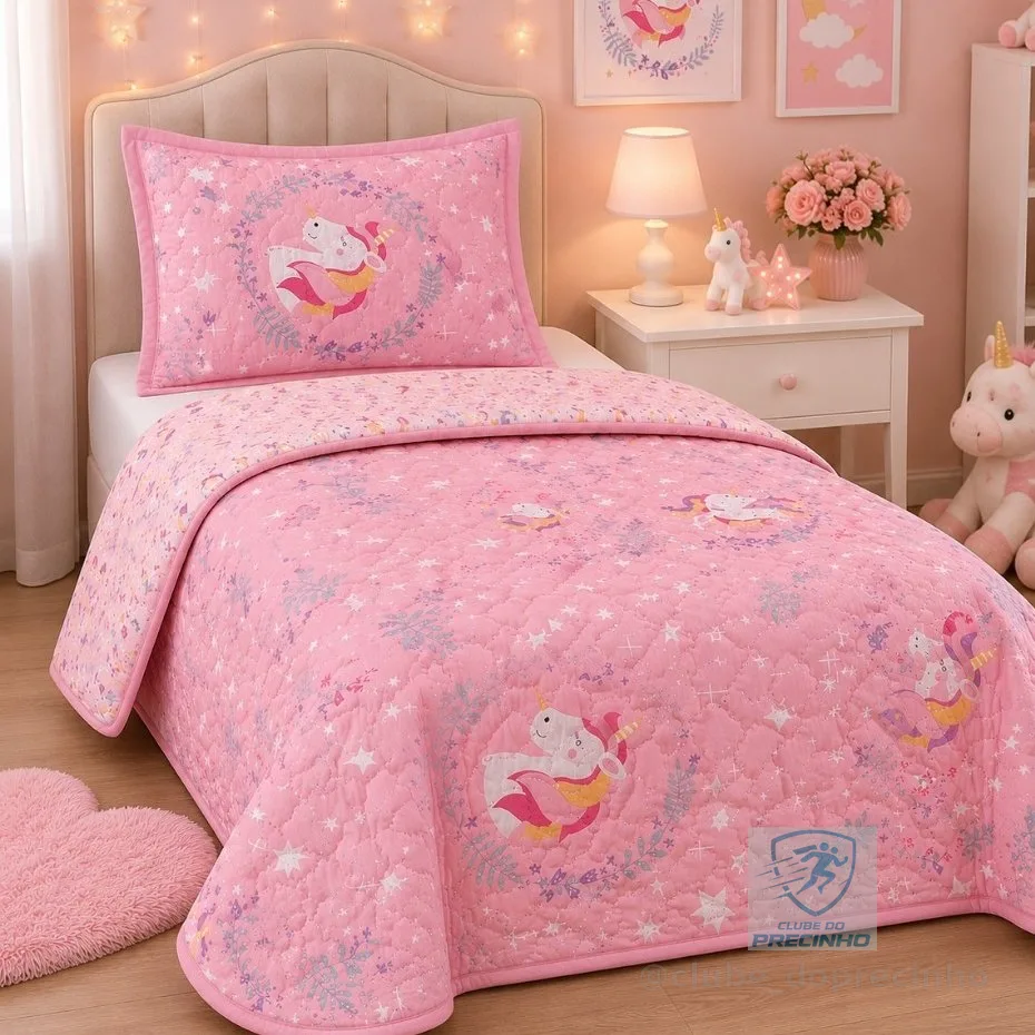 Kit Colcha Cobre Leito Infantil Cama de Solteiro Modelos Bouti 1,60x2,40m Dupla Face 2 Peças C/ Viés Menino e Menina