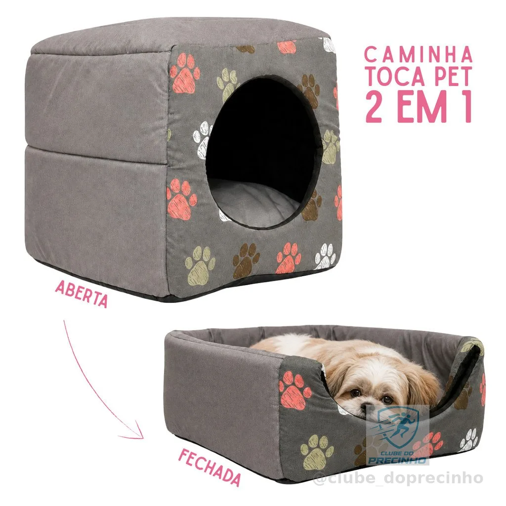 Toca Pet Vira Caminha - Tipo Iglu - Estampa Patinhas - Confortavel - Verão e Inverno