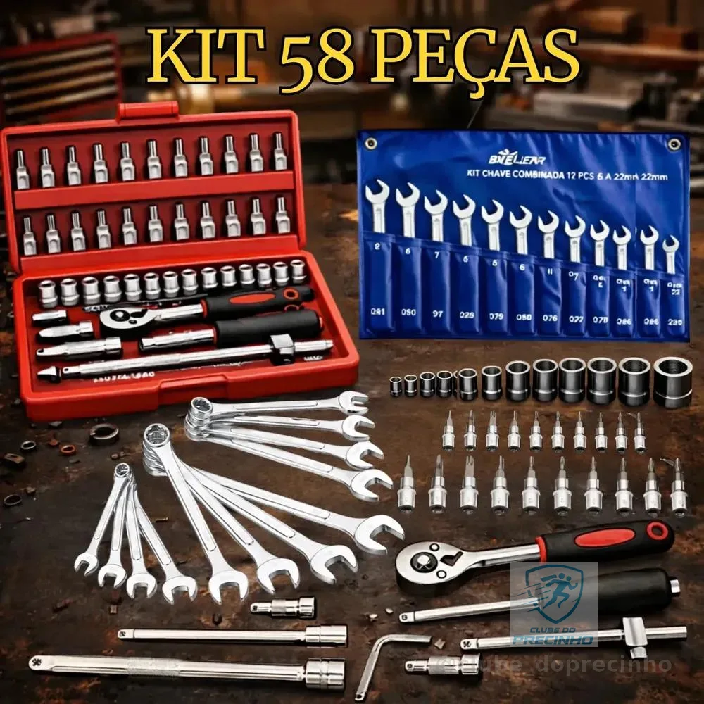 Kit Jogo De Ferramentas 58 Peças Completo Profissional Soquete 46 Peças + Chave Combinada 12 Peças Conserto Carro Moto Casa Oficina Kit Soquetes Com Catraca 46 Peças + Jogo 12 Chaves + Maleta Hexon
