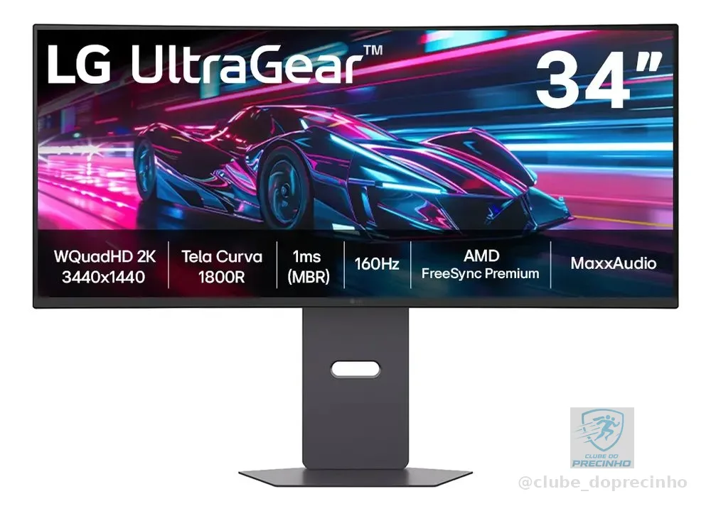 Monitor Gamer LG UltraGear Curvo 34" QuadHD 2K, UltraWide 1800R, 160Hz, 1ms (MBR), AMD FreeSync Premium, HDR10, MaxxAudio, Preto -34G600A