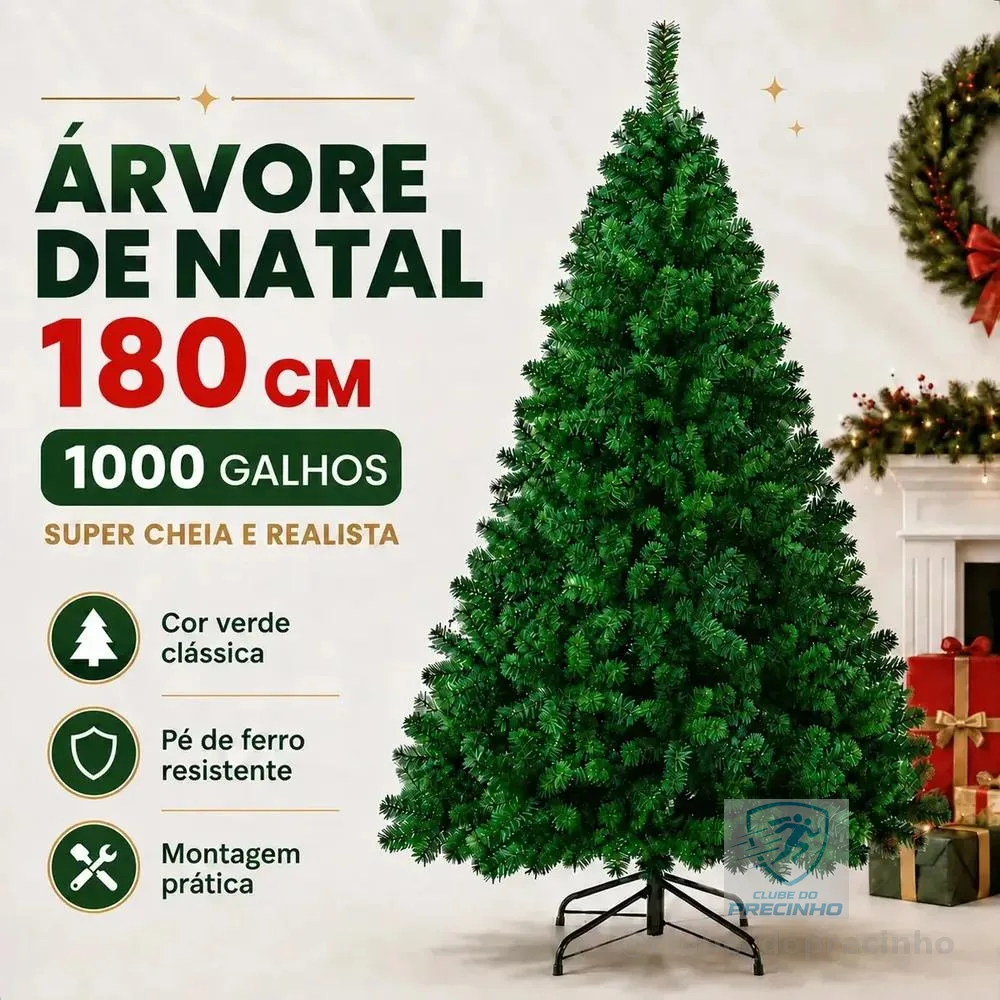 Árvore de Natal Verde Premium 180 cm com 1000 Galhos Cheios e Pé de Ferro Atelier Enovelada