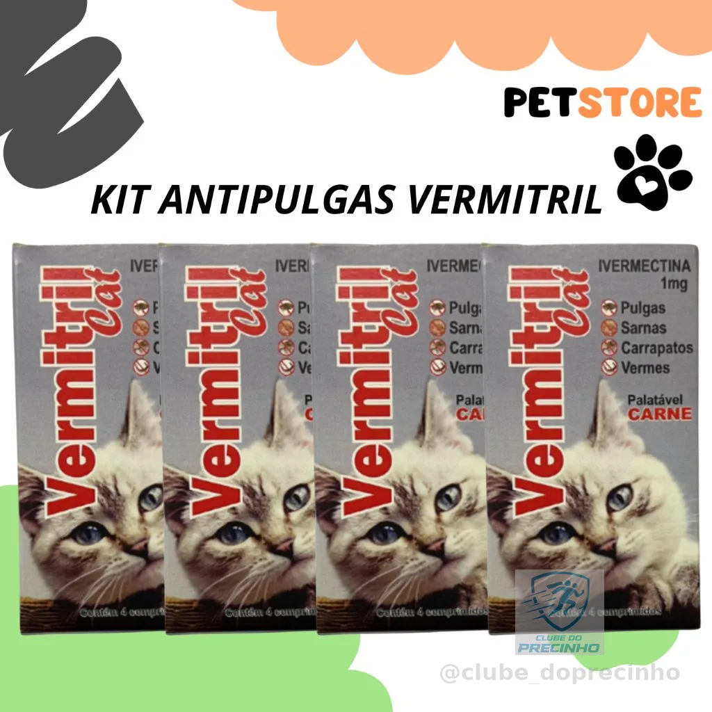 Vermitril Gatos Anti Pulgas e Carrapatos 4 8 12 Comprimidos Mastigaveis