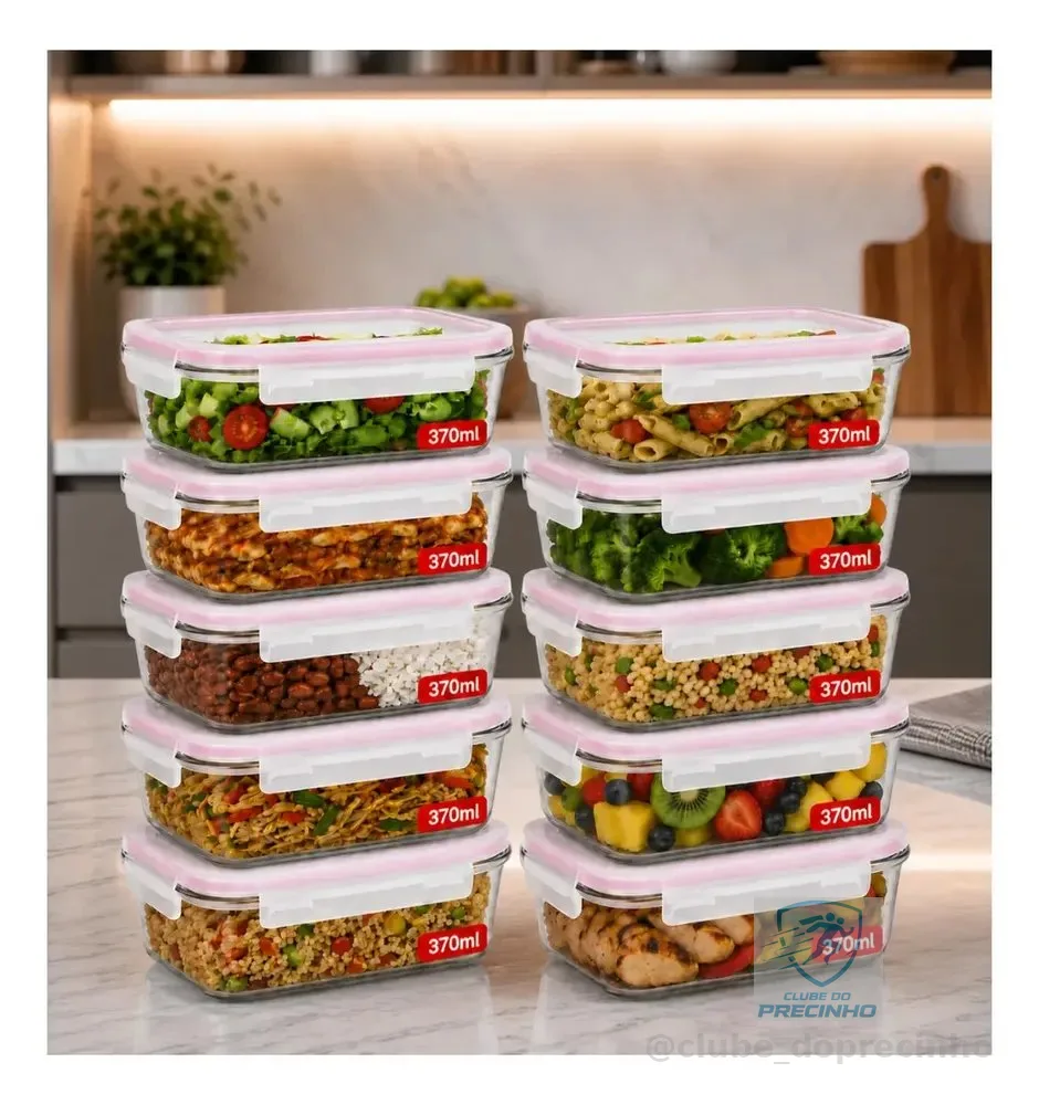 Kit 10 Potes de Vidro Herméticos 370ml Marmita Fitness Freezer Microondas Organizador de Alimentos Reutilizável para Refeições MLO SHOP