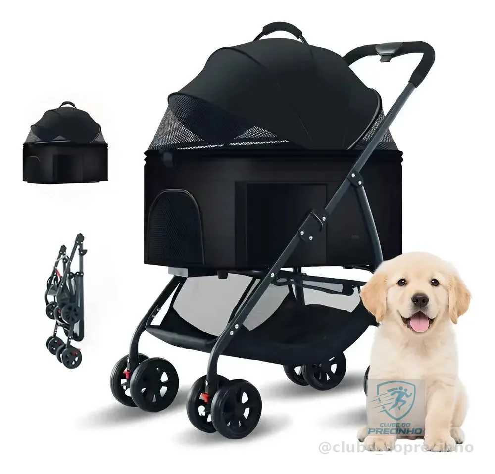Carrinho Passeio Luxo Pet Animal Estimação Pequeno Até 15kg Preto