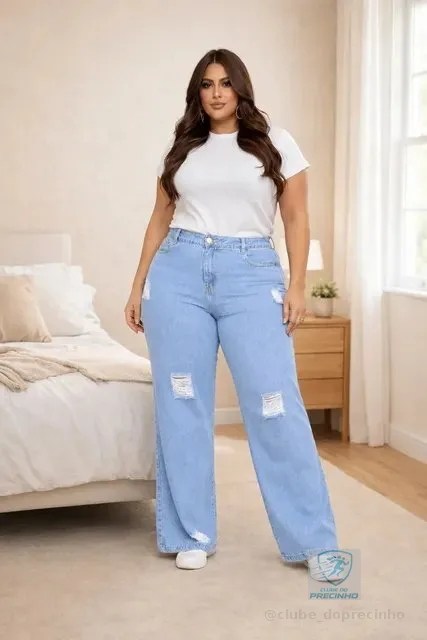 Calça Plus Size Jeans Feminina Wide Leg Levanta Bumbum