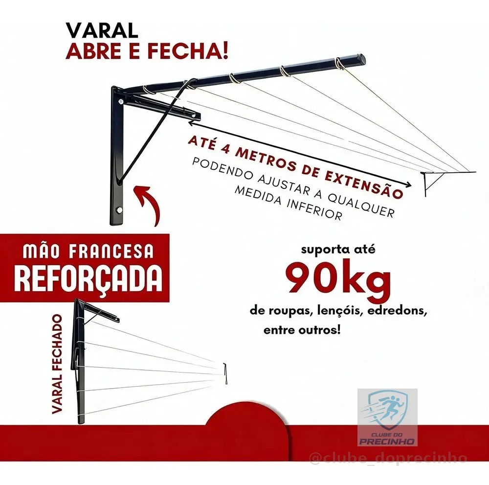 Varal De Parede E Muro Reforçado Suporta Até 90 Kg Preto