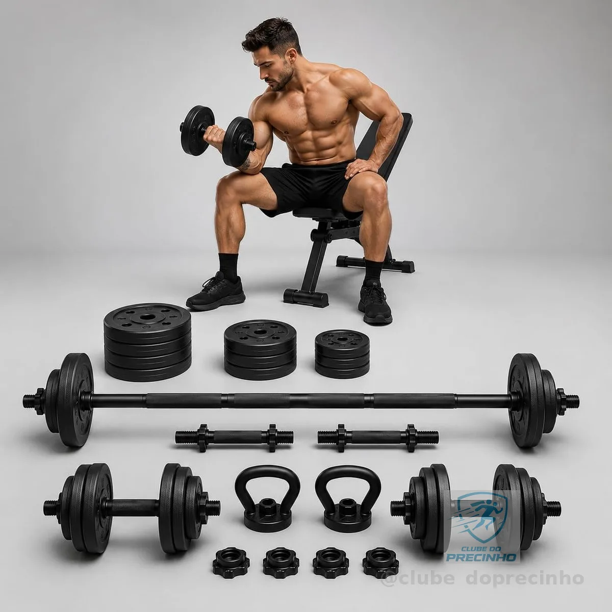 Kit de Halteres Ajustável 6 em 1 15kg com Barra Longa, Barra Curta, Kettlebell e Apoio para Flexões, Pesos Multifuncionais para Musculação e Treino Completo em Casa, Pegada Antiderrapante para Academia