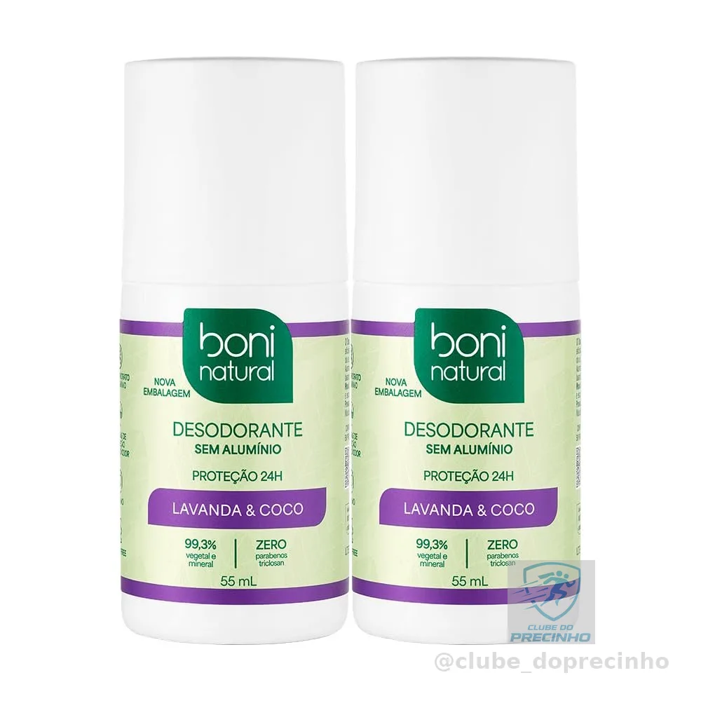 BONI NATURAL - Desodorante Roll-On sem Alumínio, Natural, Vegetal e Vegano, Coco e Lavanda, 55ml, 2 unidades Leve Mais Pague Menos