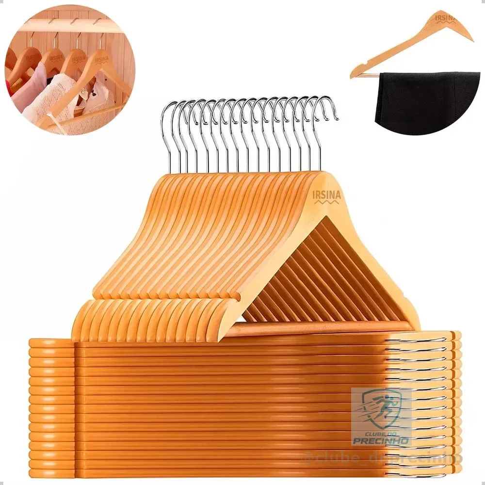 Kit 30 Cabides de Madeira Antiderrapantes IRSINA com Gancho Giratório