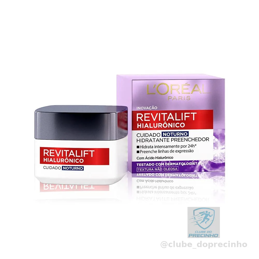 L'Oréal Paris Revitalift Hialurônico Creme Facial Noturno, com Ácido Hialurônico Puro, Com textura leve, preenche linhas de expressão e hidrata a pele intensamente por 24h, 49g