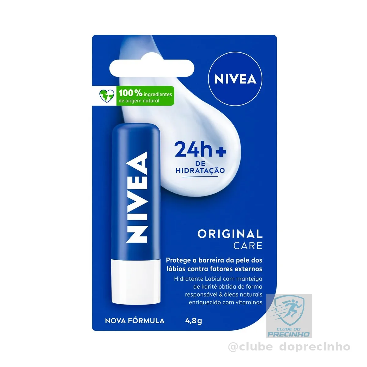 NIVEA Hidratante Labial Original Care 4,8g, Hidratação Intensa 24h, Protege contra Ressecamento, Cuidado Diário, Manteiga de Karité
