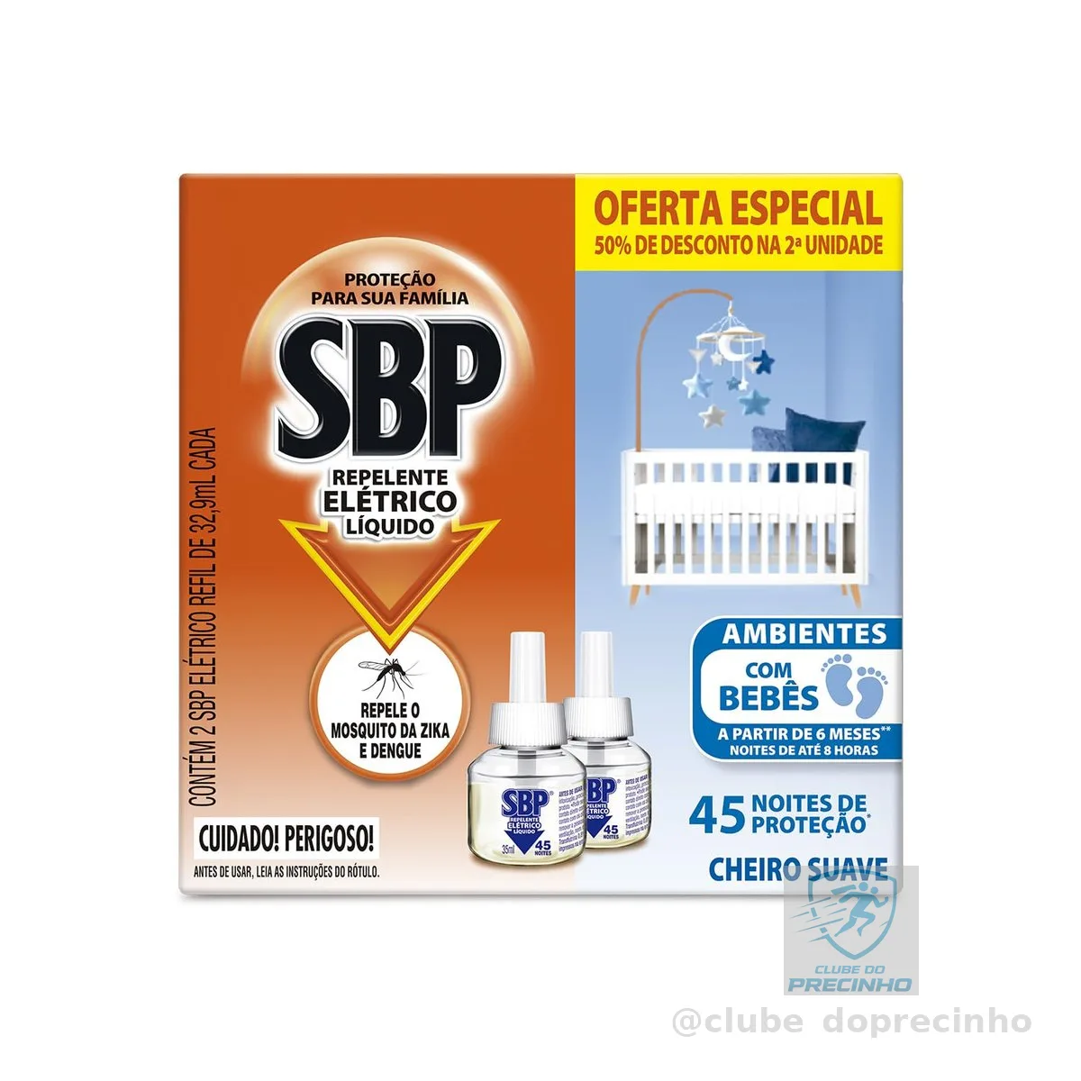 Repelente Elétrico Líquido SBP 45 Noites Cheiro Suave com 2 unidades de 32.9ml