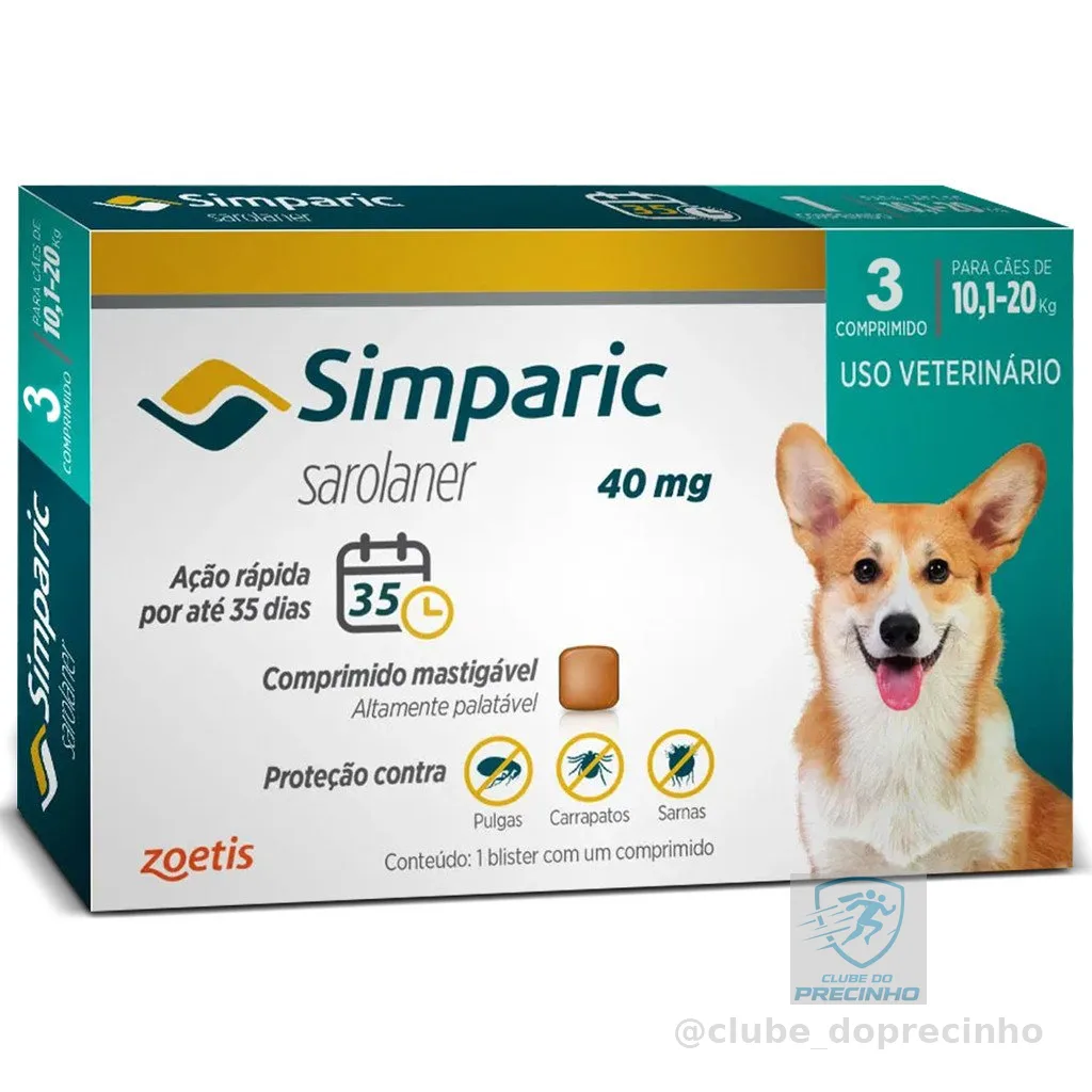 Antipulgas e Carrapatos Simparic 40mg para Cães de 10 a 20kg – 3 Comprimidos – Zoetis