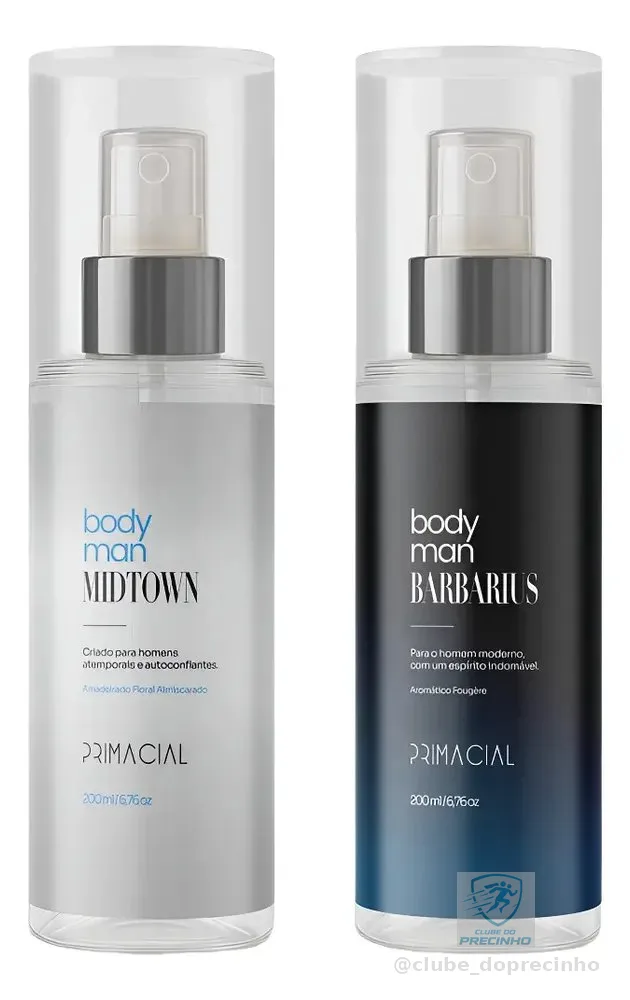 KIT BODY SPLASH MASCULINO BARBARIUS E MIDTOWN 200ML - PRIMACIAL PERFUME FRESCO AMADEIRADO