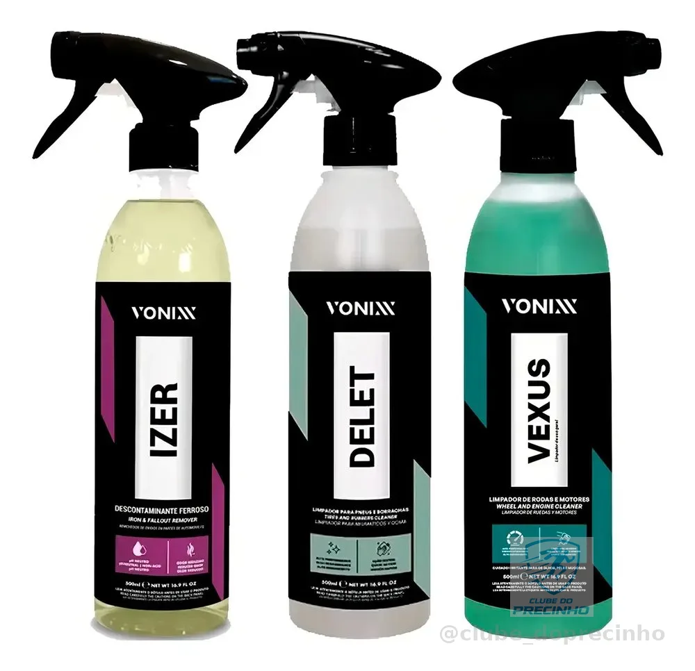 Kit Limpeza Concentrada Vonixx Vexus 500ml Motores + Izer 500ml Descontaminante Ferroso + Delet 500ml Pneus Faróis
